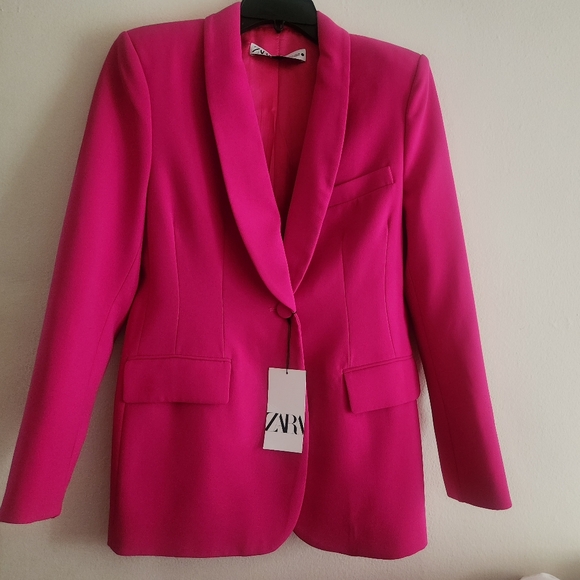 Zara tuxedo collar blazer neon fuschia sz S  BNWT - Picture 6 of 7